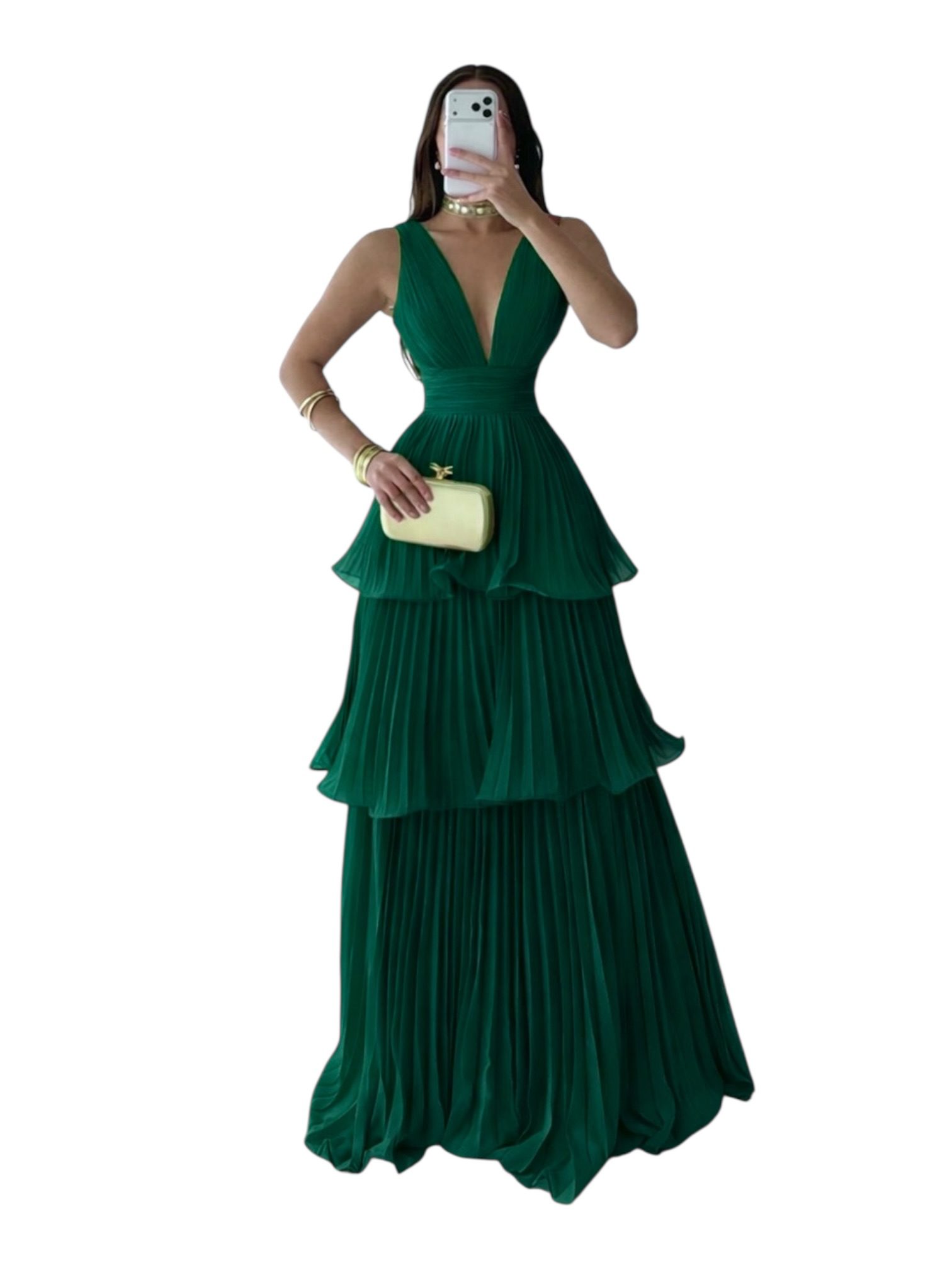 Vestido Verde Esmeralda Con Escote Profundo Y Falda Plisada En Capas - Image 2