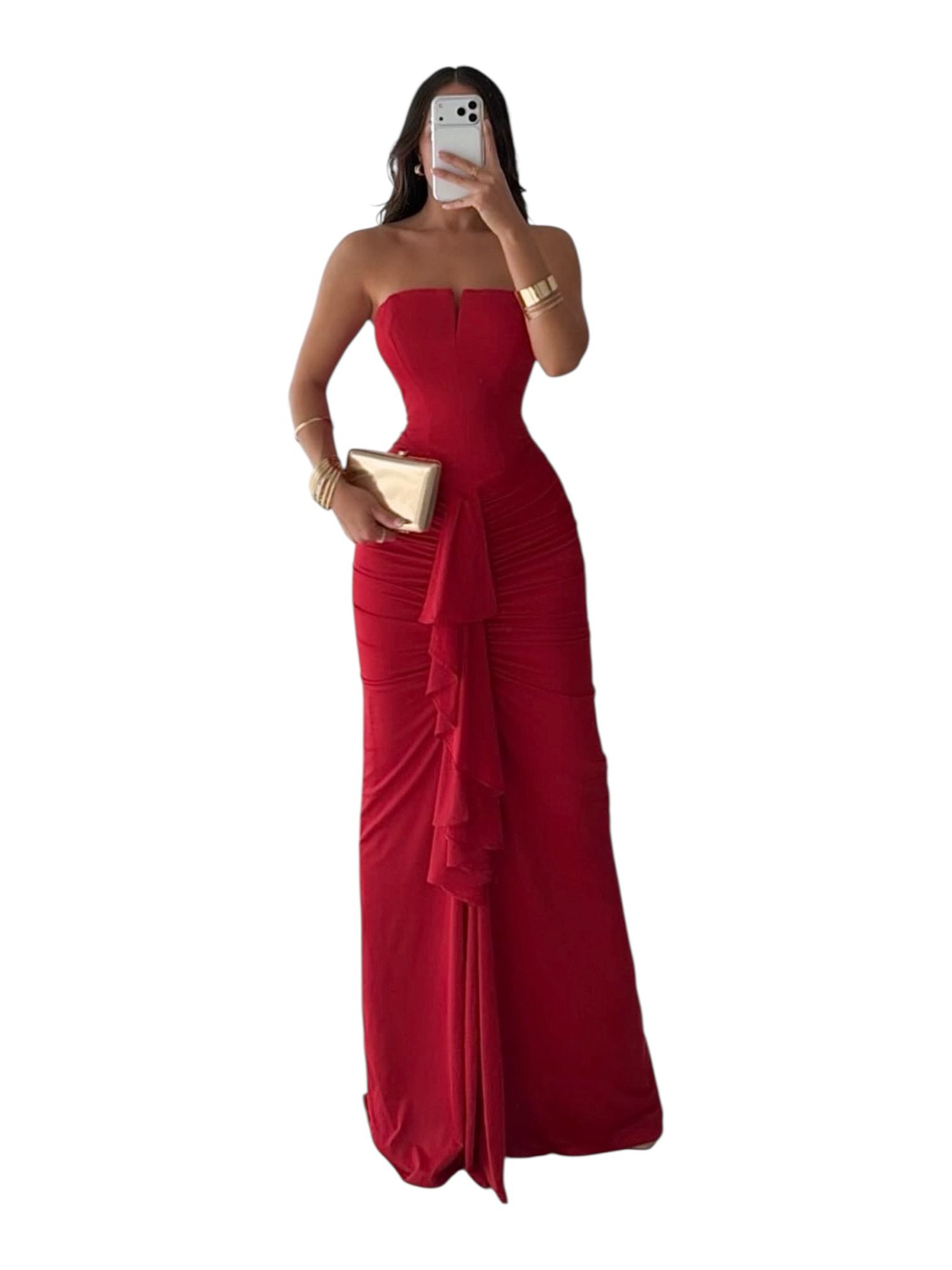 Vestido Rojo Strapless Con Volante Frontal Elegante - Image 2