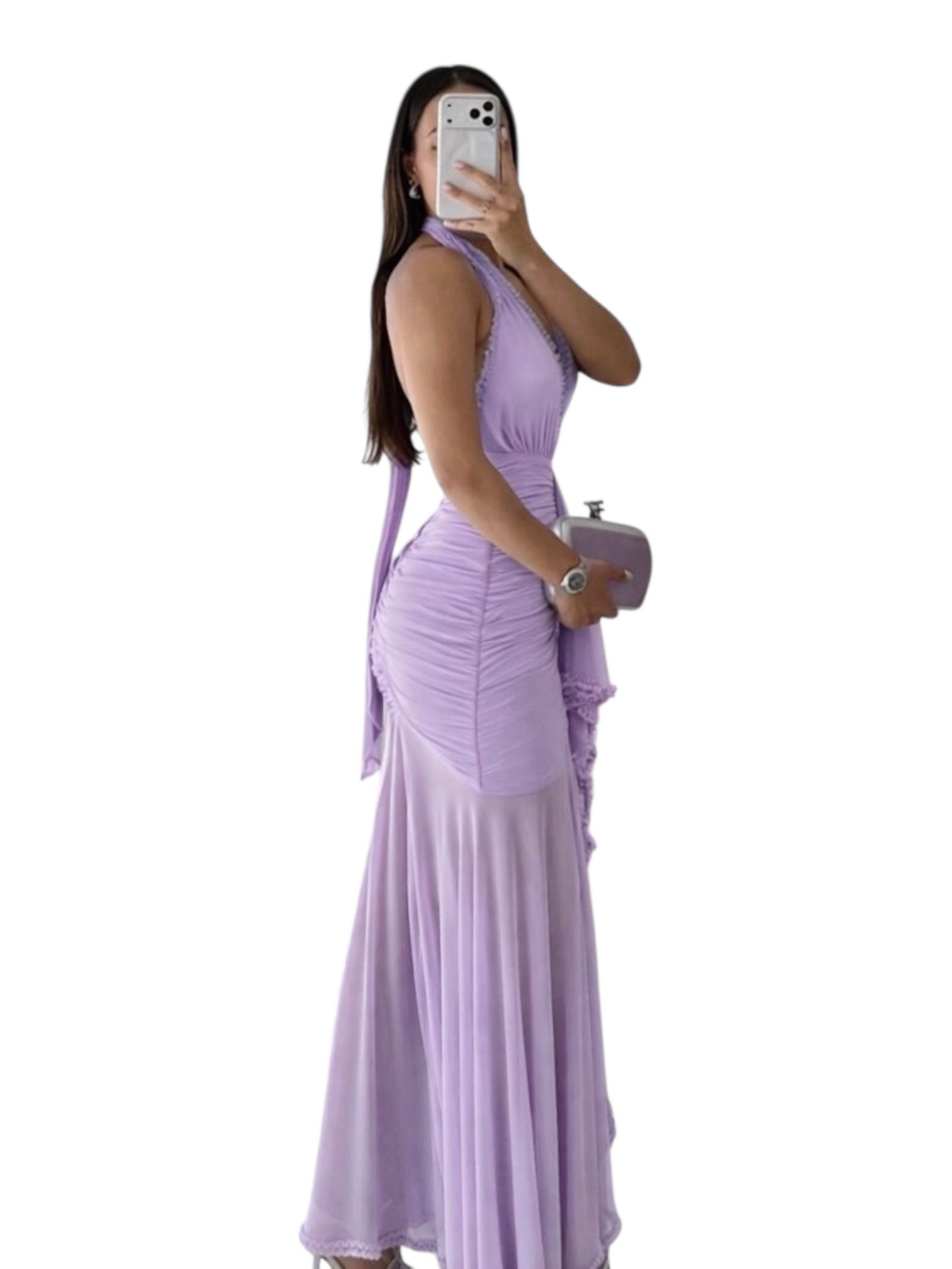 Vestido Lila Con Escote Profundo Y Volante Frontal - Image 3