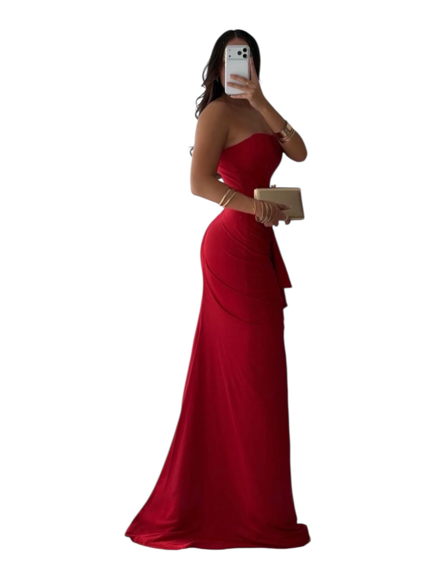 Vestido Rojo Strapless Con Volante Frontal Elegante - Image 3