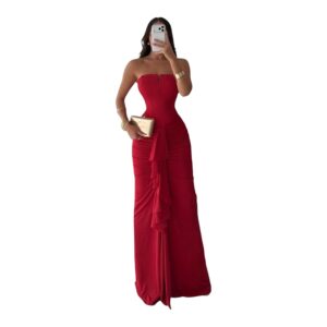 Vestido Rojo Strapless Con Volante Frontal Elegante