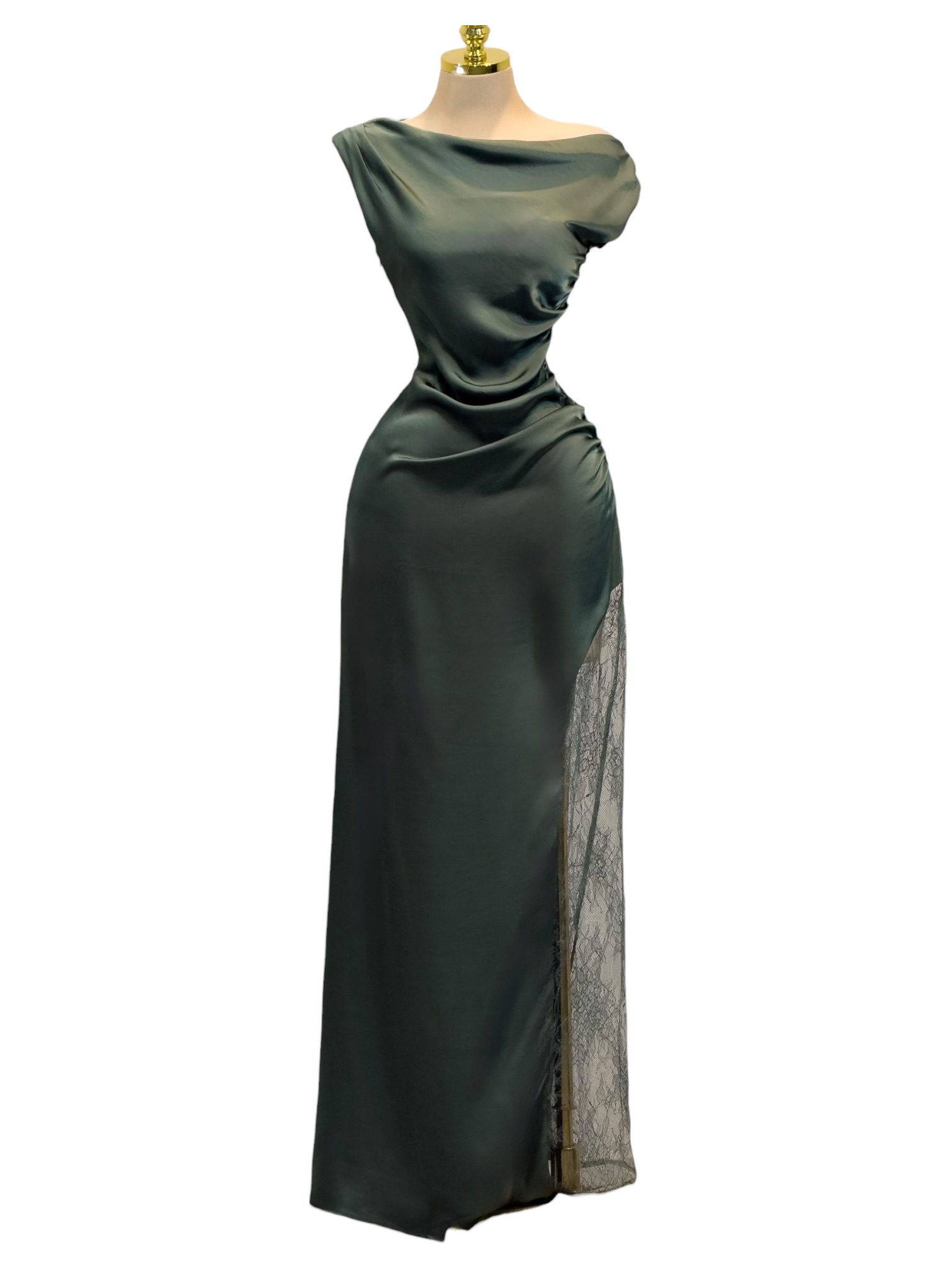 Vestido Verde Oliva Satinado Con Panel De Encaje - Image 2