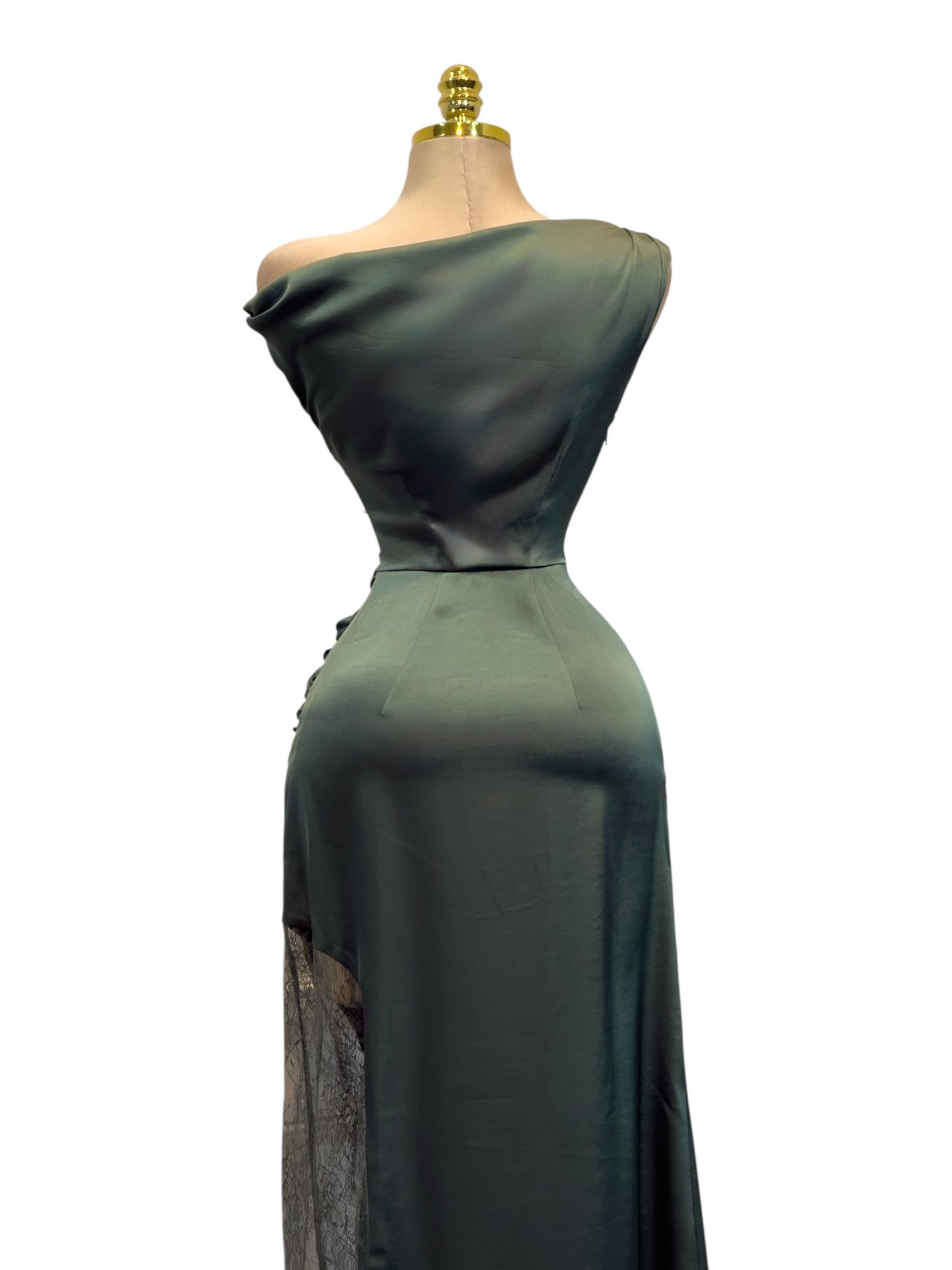 Vestido Verde Oliva Satinado Con Panel De Encaje - Image 3