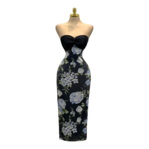 Vestido Midi Negro Strapless Con Estampado Floral Azul