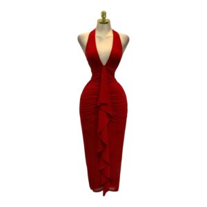 Vestido Midi Rojo Halter Con Volante Frontal