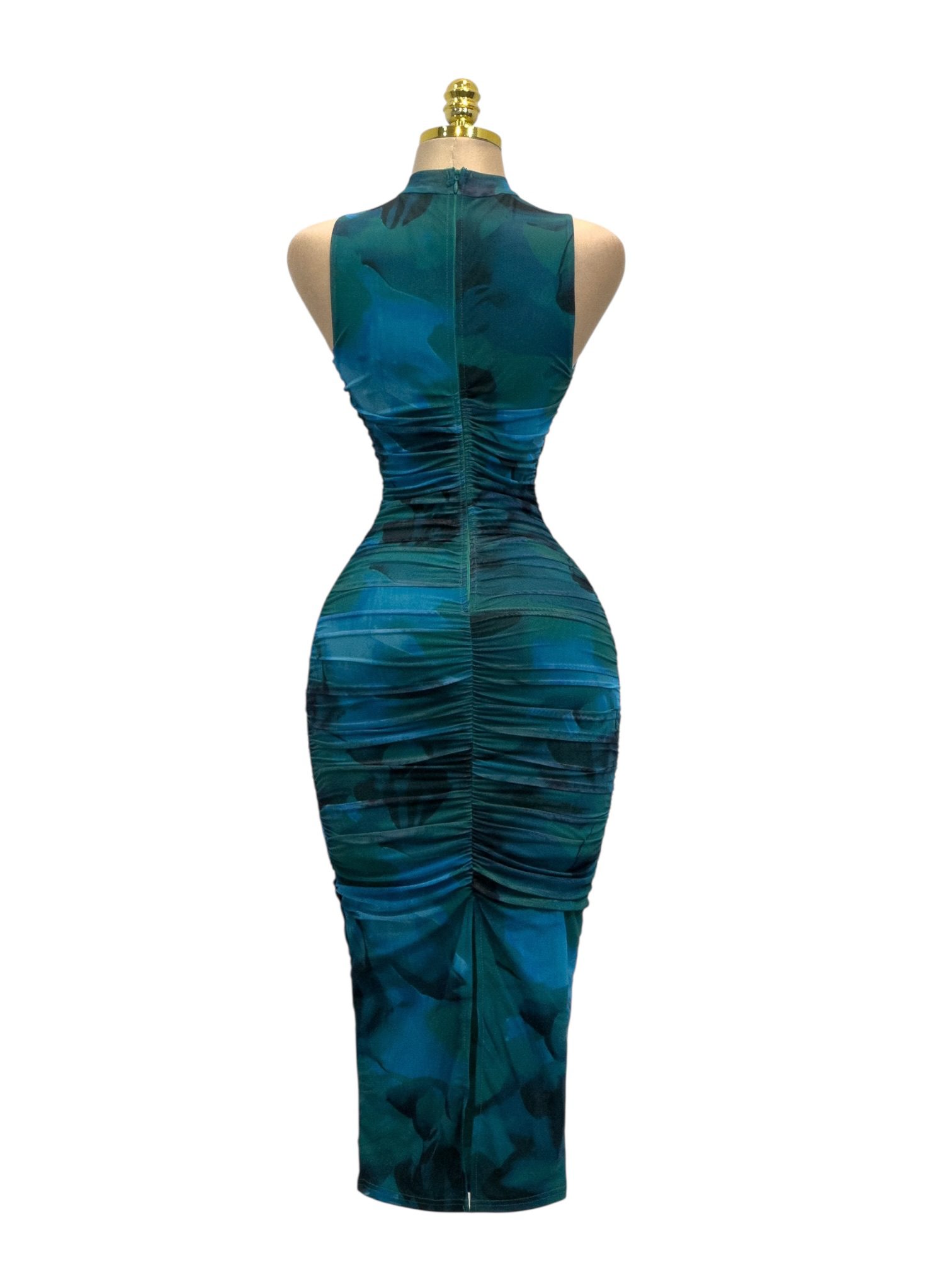 Vestido Azul Verde Marmoleado Con Cuello Alto Y Drapeado Elegante - Image 3