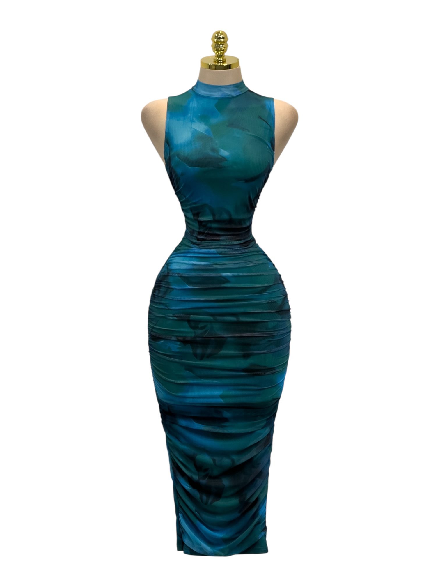 Vestido Azul Verde Marmoleado Con Cuello Alto Y Drapeado Elegante - Image 2