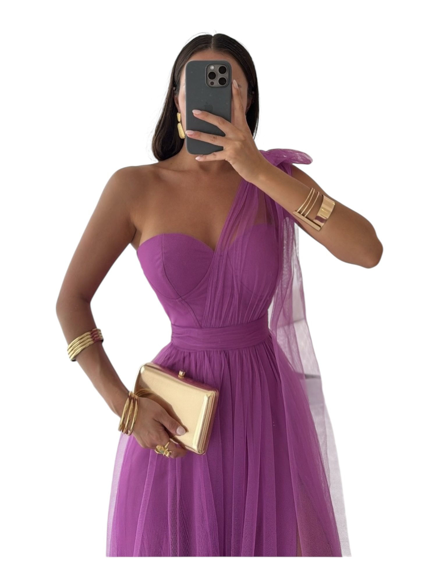 Vestido Bugambilia Con Escote Asimétrico Y Falda De Tul - Image 3