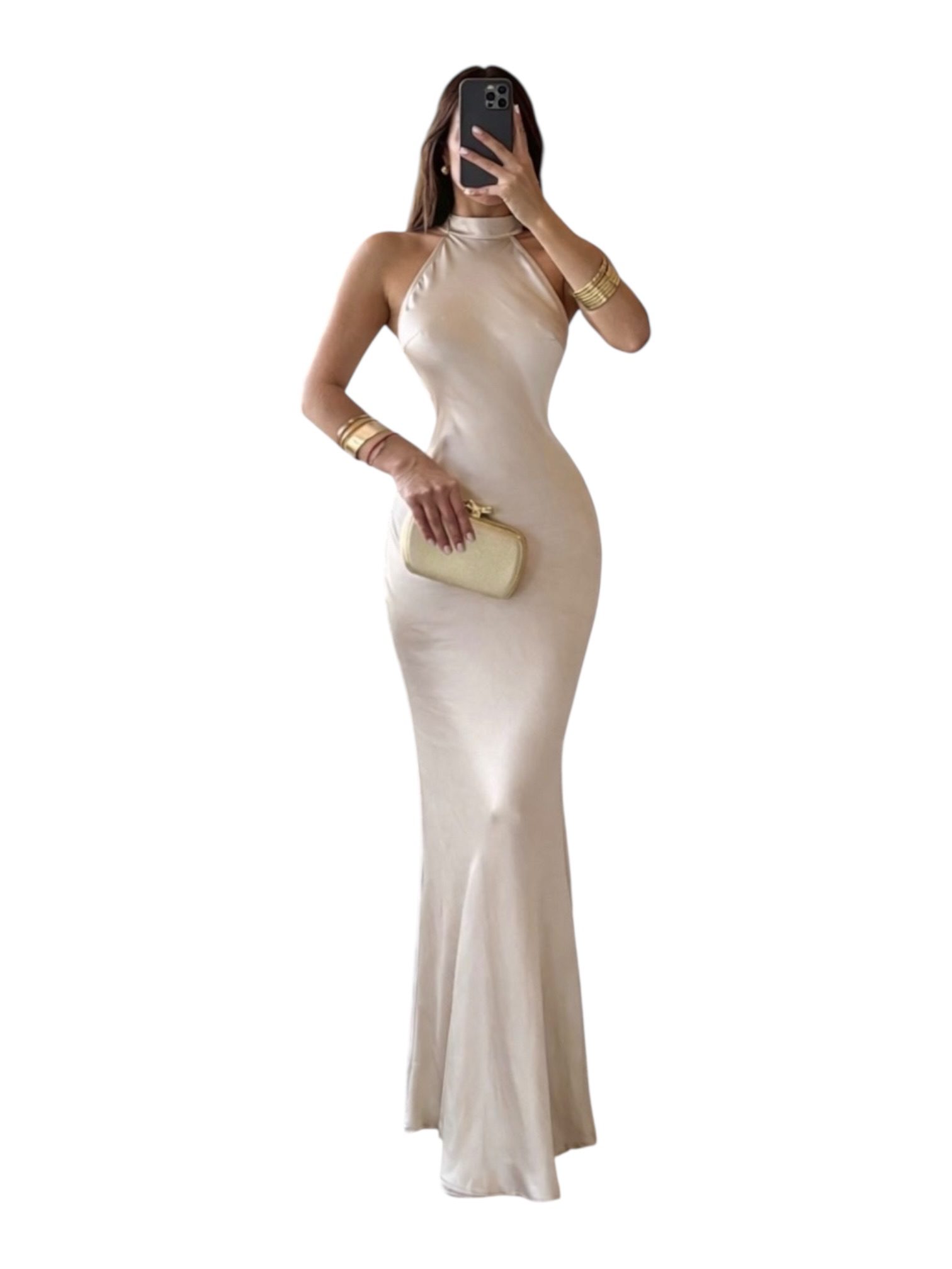 Vestido Champagne Satinado Con Escote Halter Ajustado - Image 2