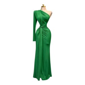 Vestido Verde Asimétrico Con Manga Larga Y Drapeado Elegante