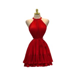 Vestido Rojo Corto Con Escote Halter Y Falda Plisada En Capas