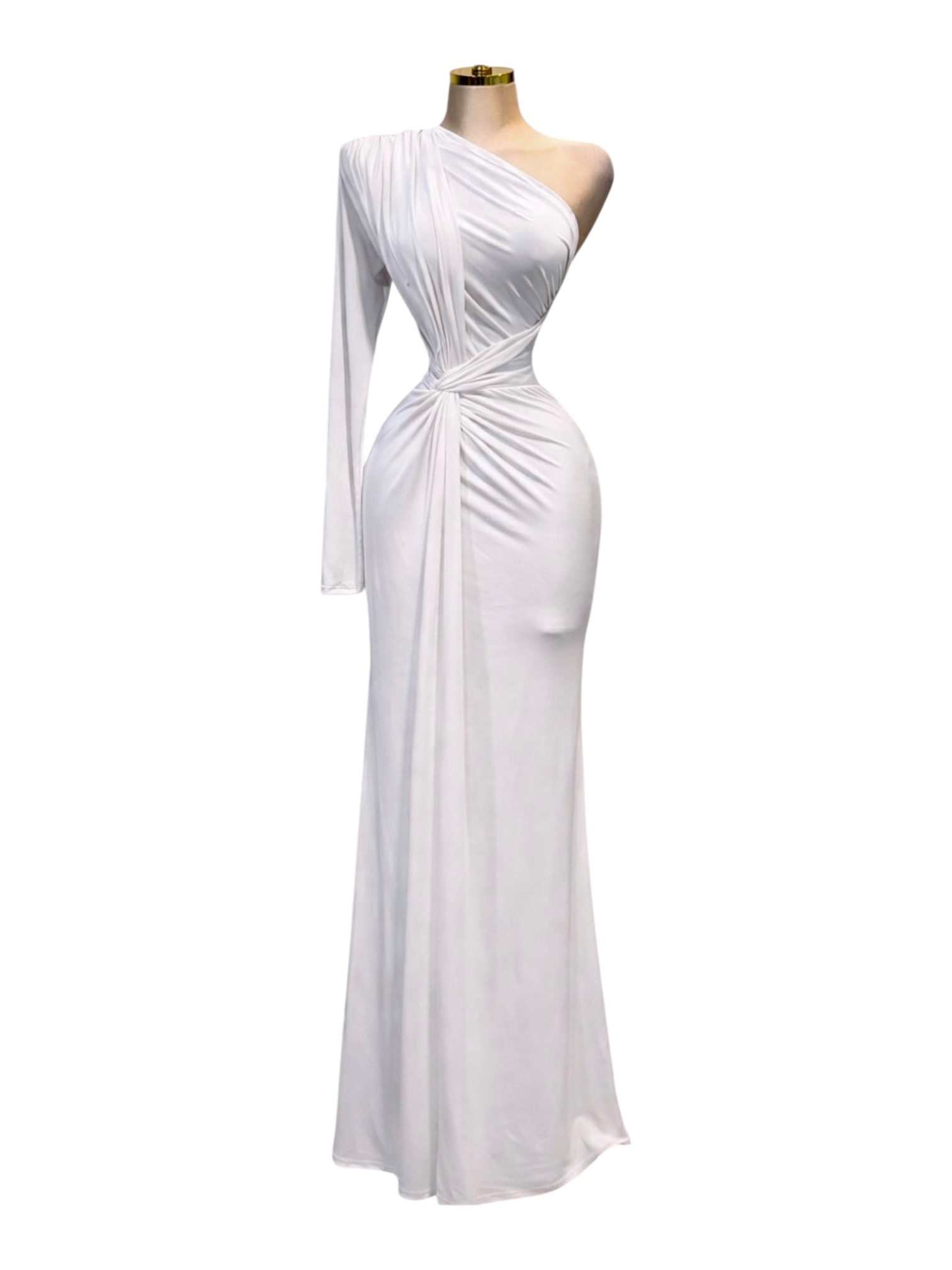 Vestido Blanco Con Escote Asimétrico Y Drapeado Elegante - Image 3