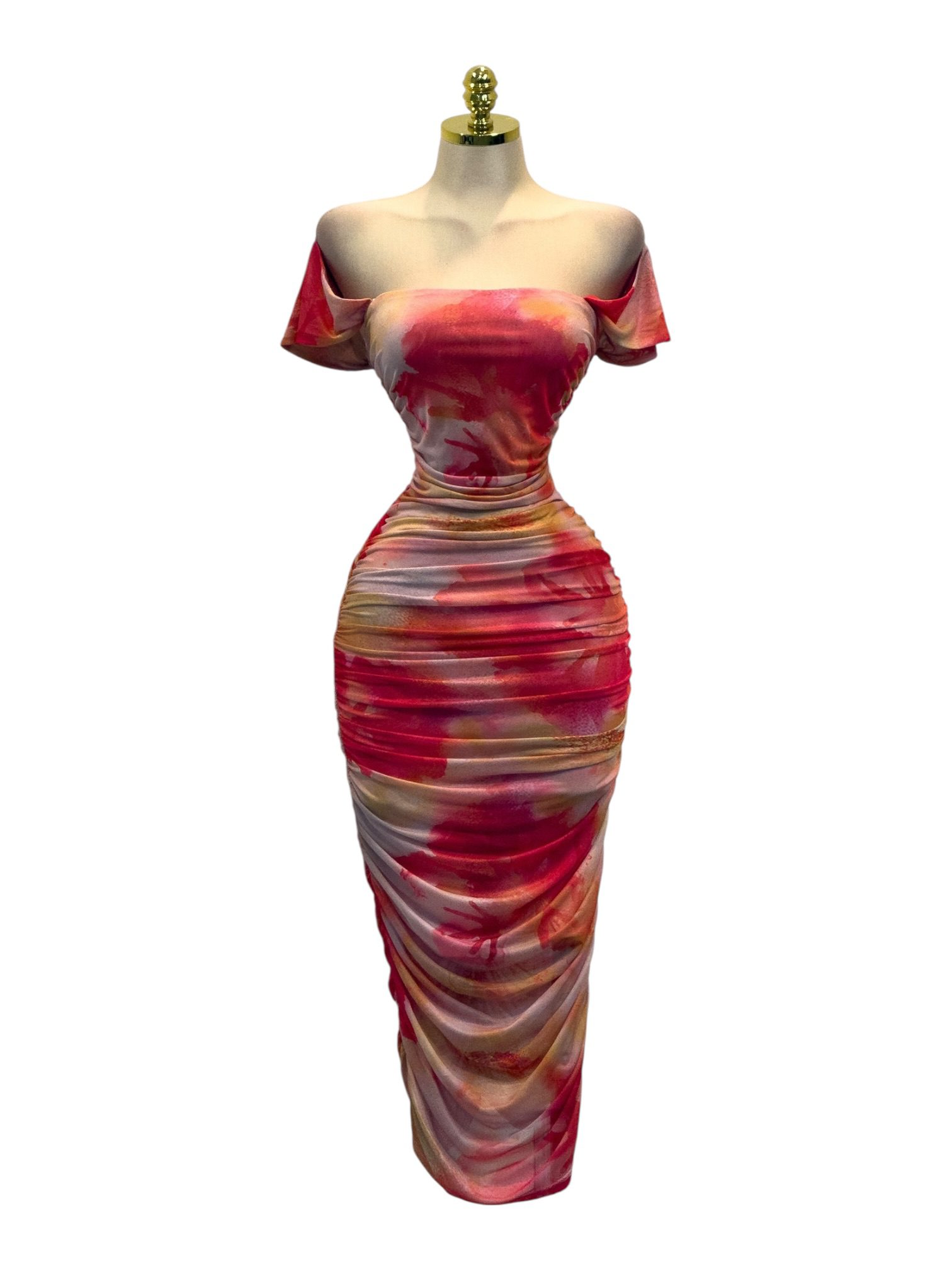 Vestido Estampado Naranja Con Escote Bardot Y Falda Drapeada - Image 2