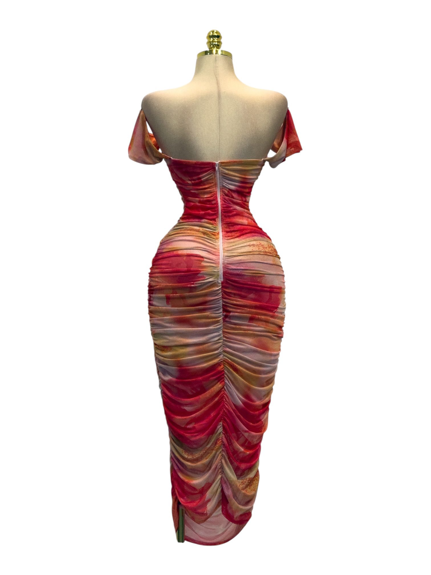 Vestido Estampado Naranja Con Escote Bardot Y Falda Drapeada - Image 3