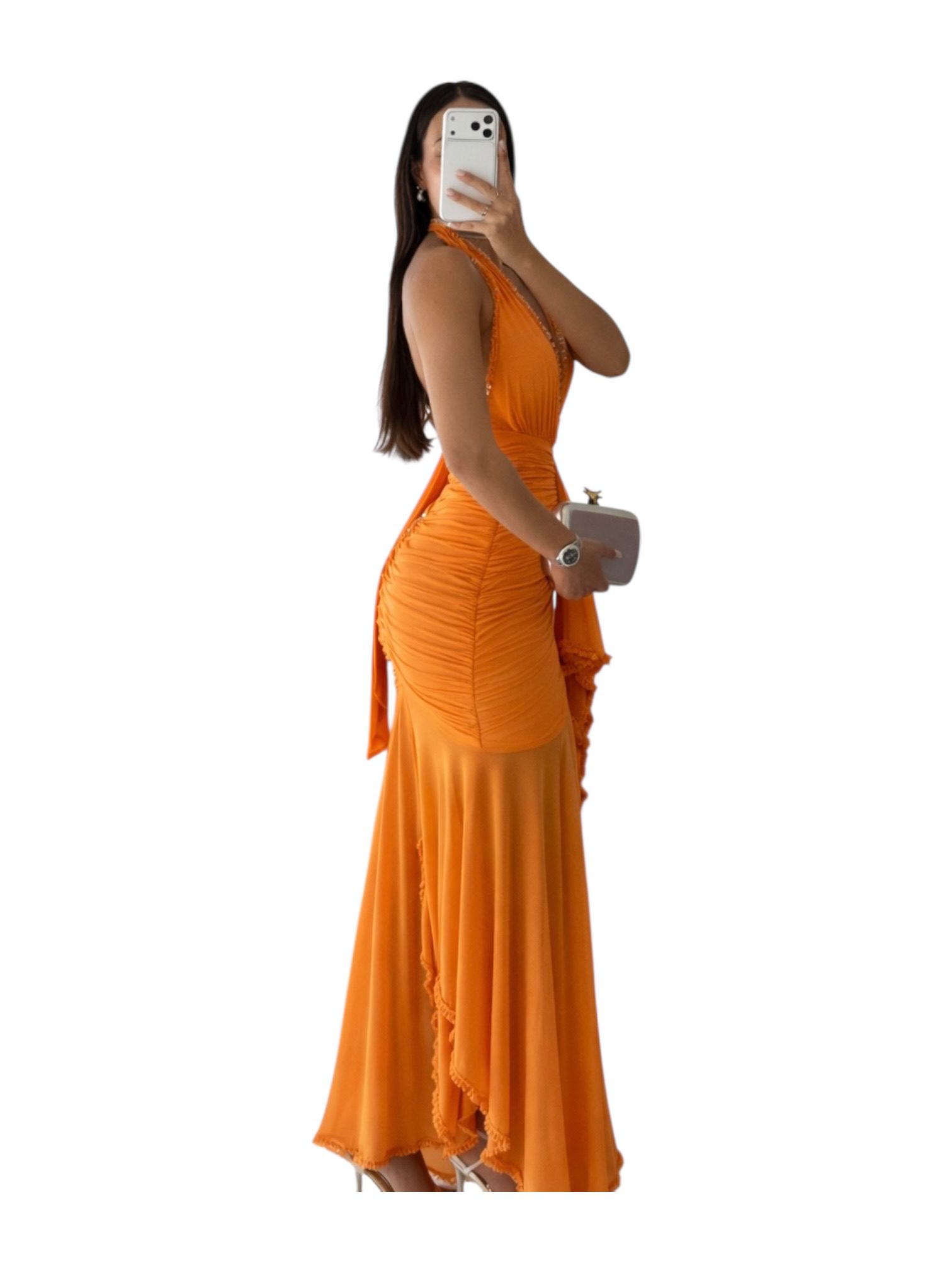 Vestido Naranja Con Escote Halter Y Detalle De Volantes - Image 3