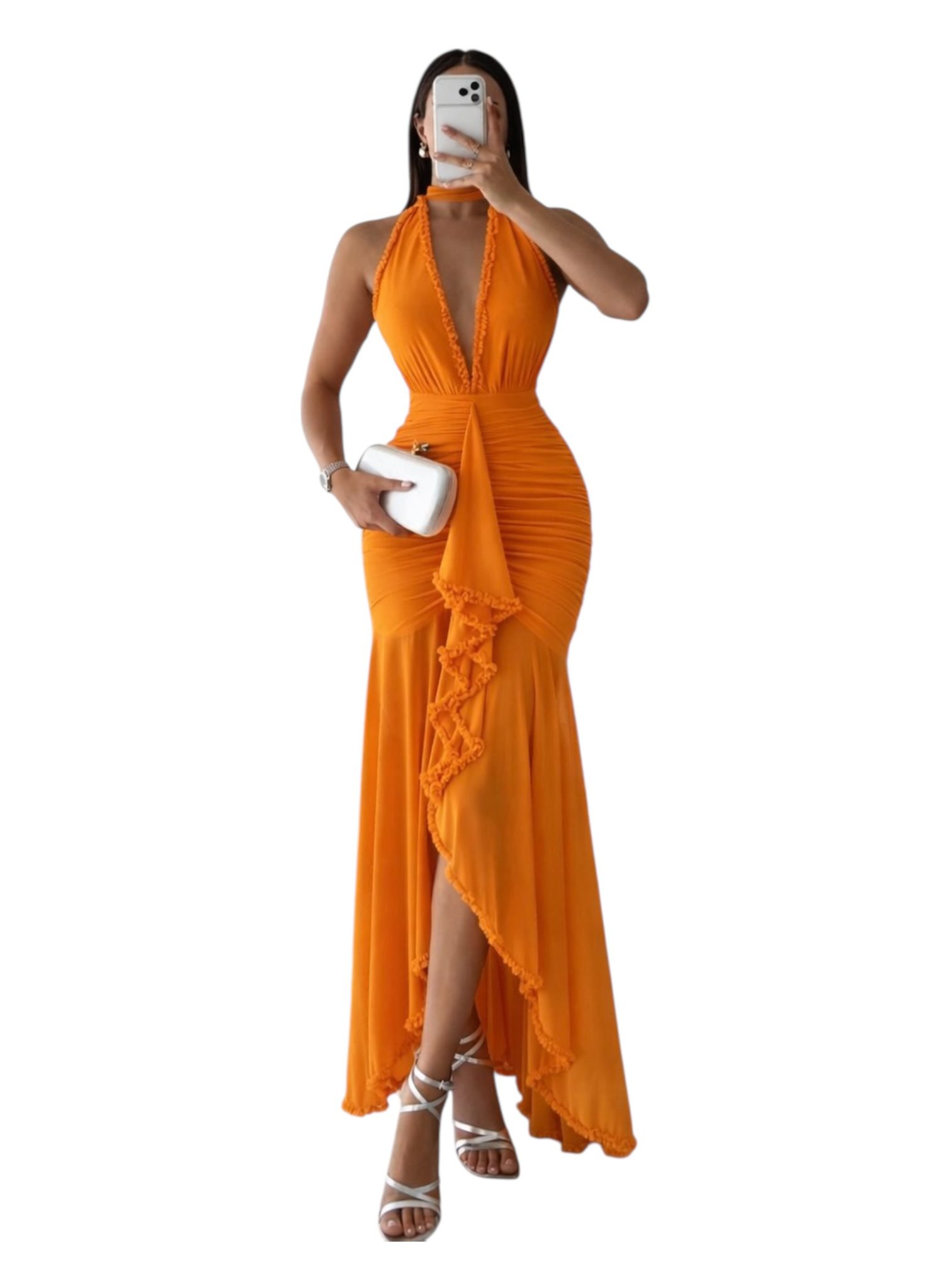 Vestido Naranja Con Escote Halter Y Detalle De Volantes - Image 2