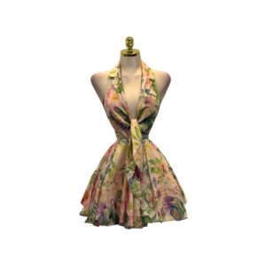 Vestido Corto Floral Con Escote Halter Y Lazo Frontal