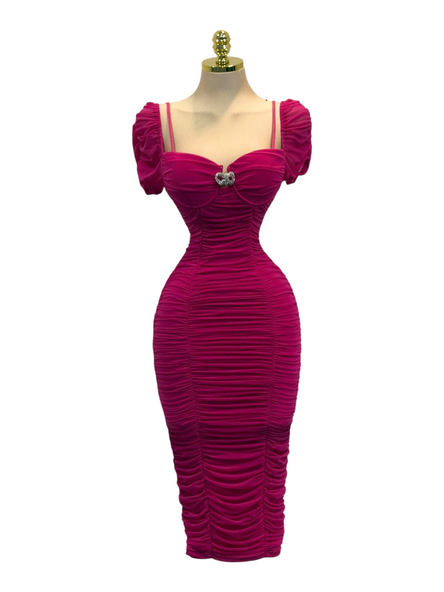 Vestido Midi Fucsia Con Corset Estructurado Y Mangas Cortas Fruncidas - Image 2