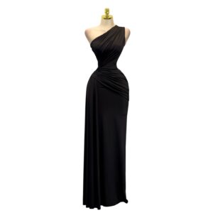 Vestido Negro Con Escote Asimétrico Y Drapeado En Cintura