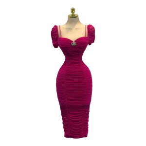 Vestido Midi Fucsia Con Corset Estructurado Y Mangas Cortas Fruncidas