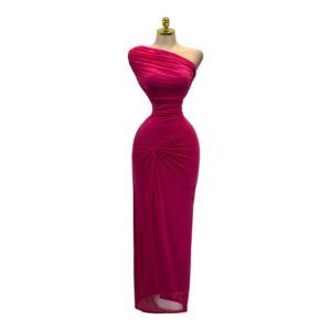 Vestido Midi Fucsia Con Escote Asimétrico Y Drapeado En Cintura