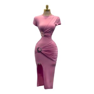 Vestido Midi Rosa Con Escote Cerrado Y Drapeado - L
