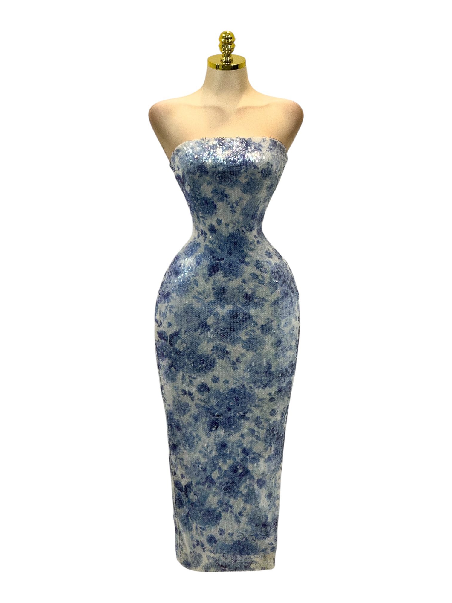 Vestido Strapless Azul Floral Denim Chic Brillante - Image 2