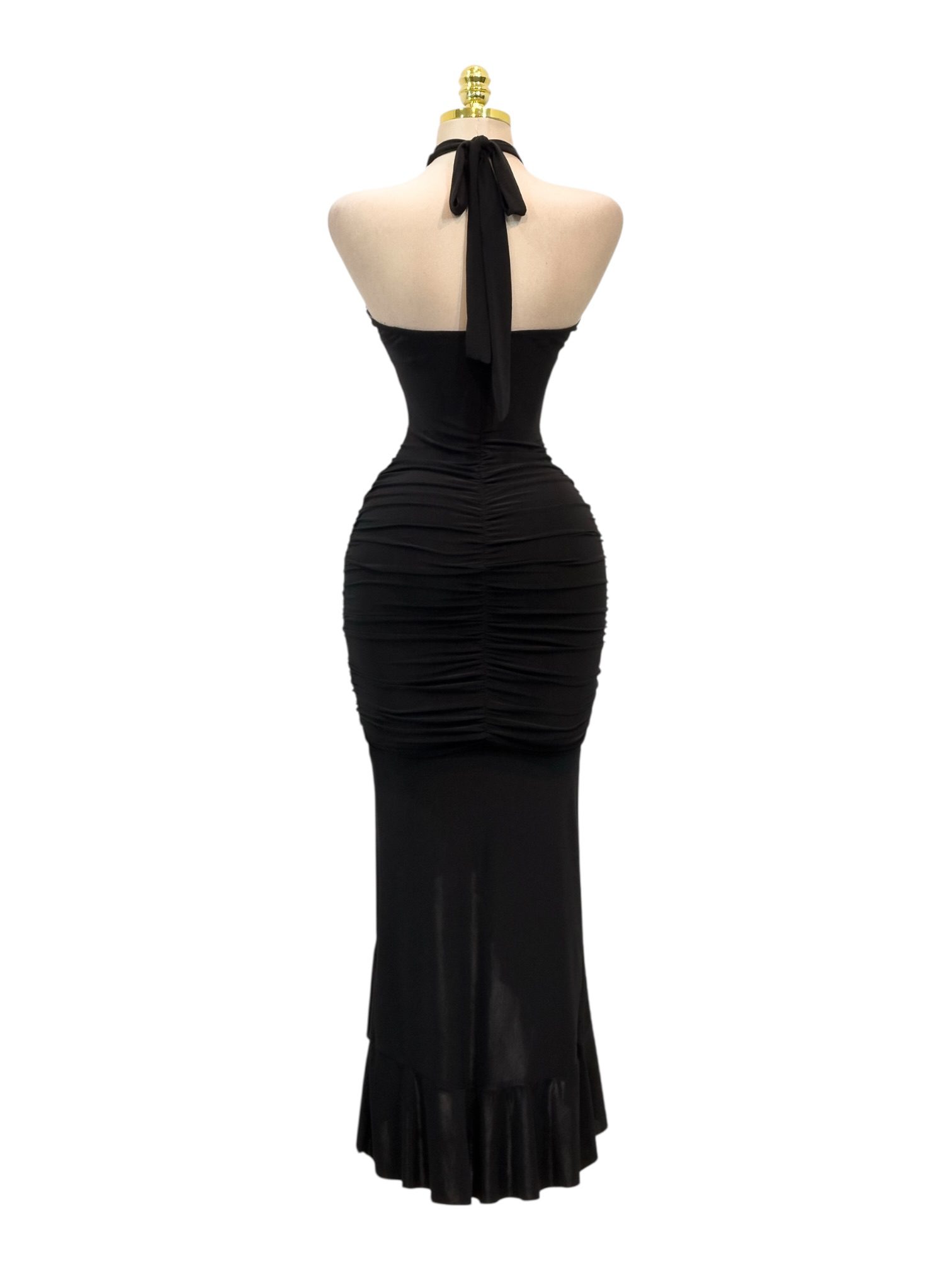 Vestido Negro Halter Sirena Drapeado - Image 3