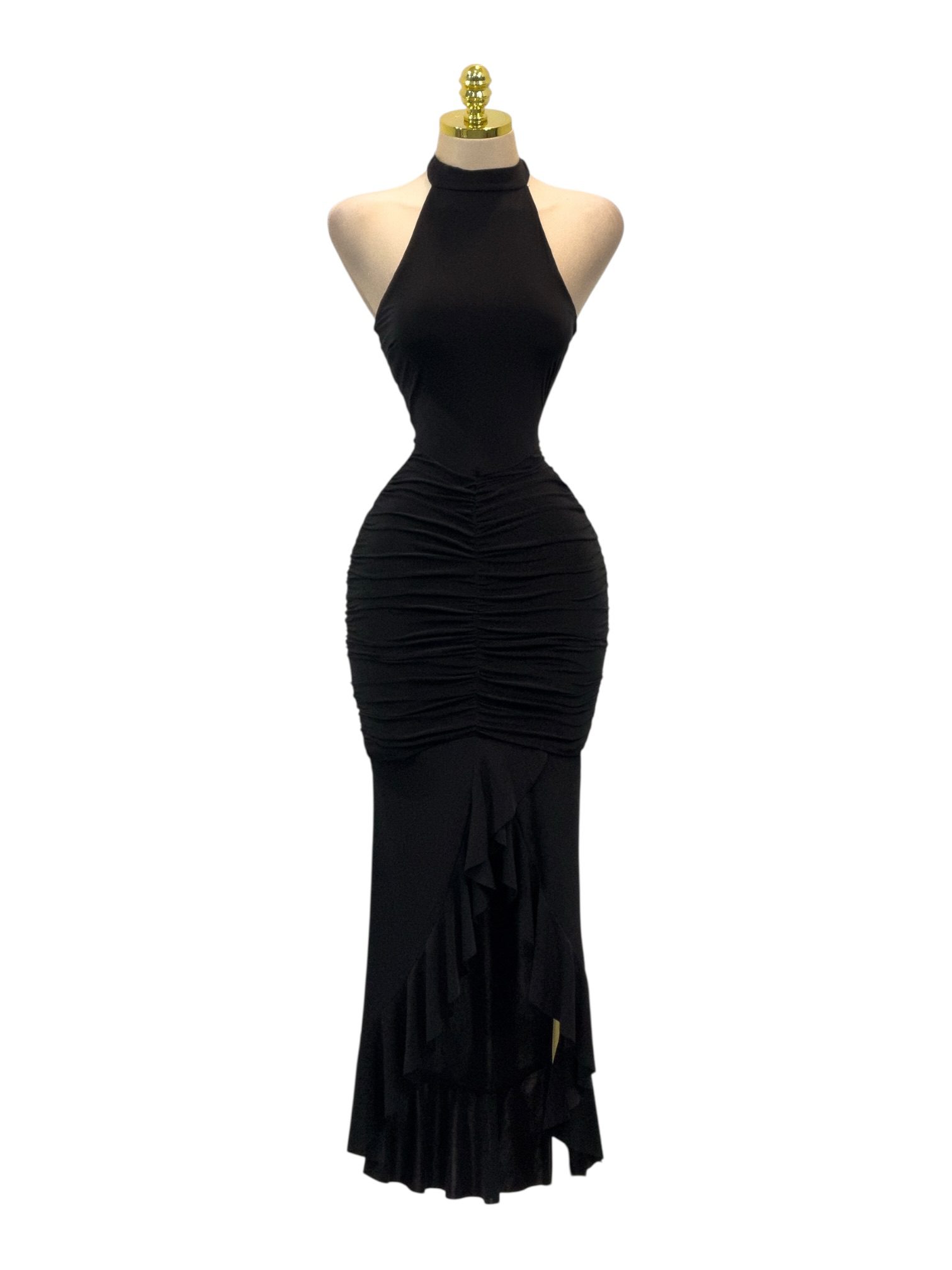Vestido Negro Halter Sirena Drapeado - Image 2
