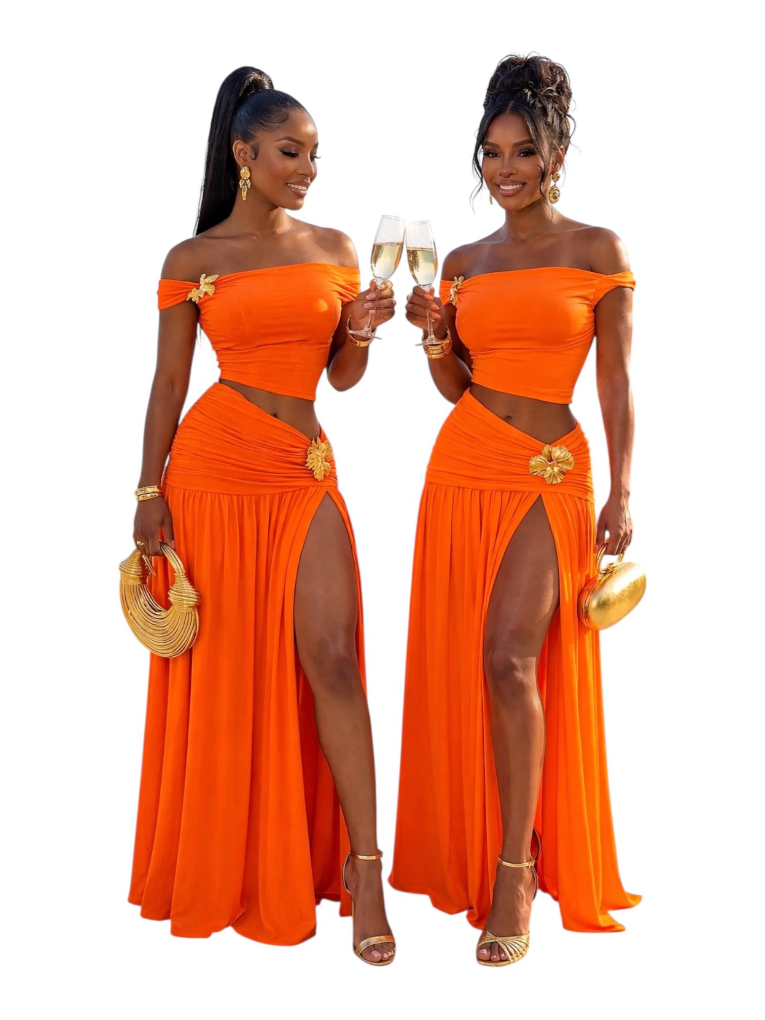 Conjunto Naranja Con Corte Asimétrico Y Falda Fluida Drapada - Image 3