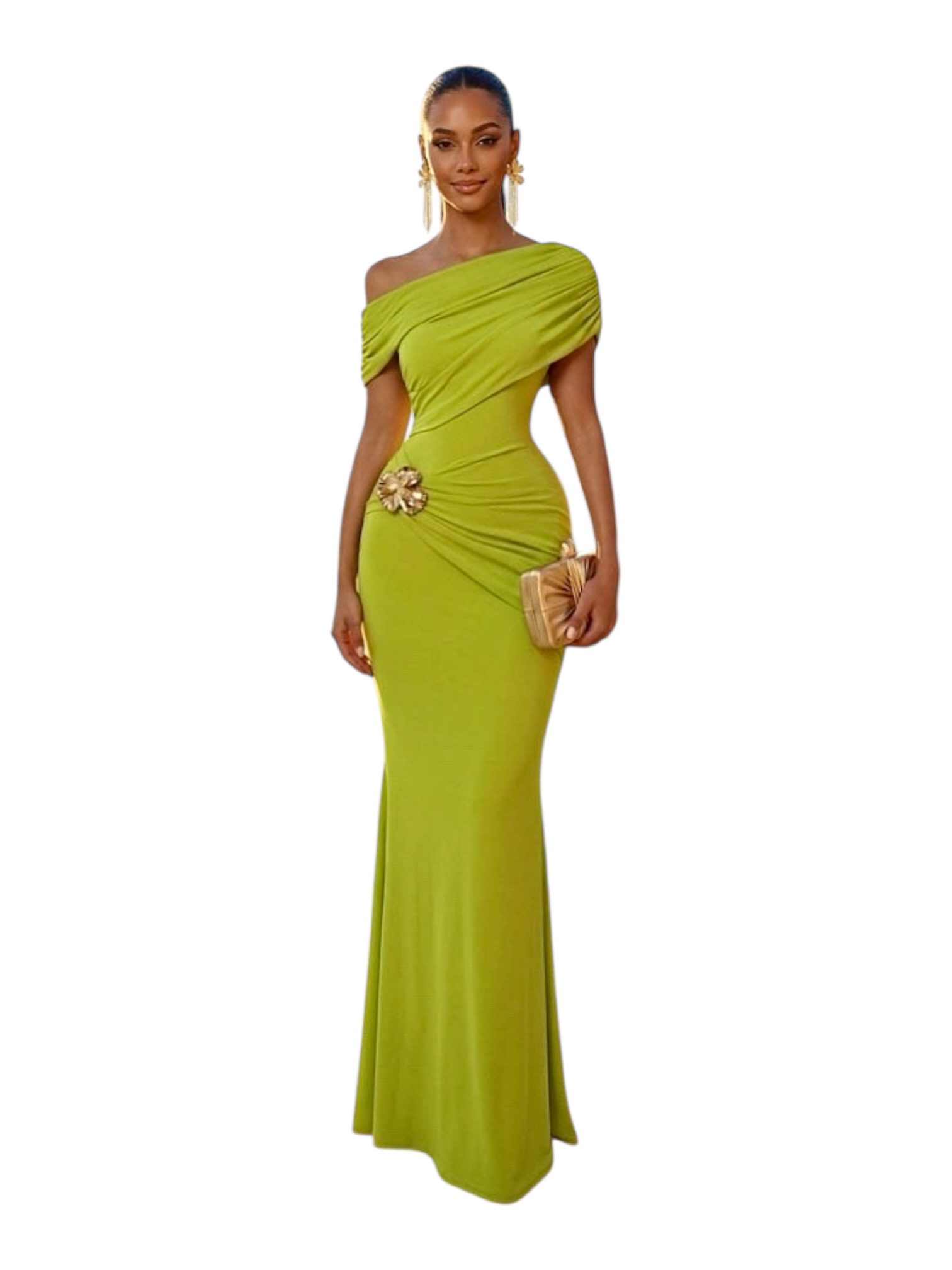 Vestido Verde Ajustado Con Drapado Y Aplicación Floral - Image 3