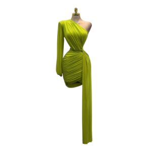 Vestido Corto Verde Lima Asimétrico Con Manga Larga Y Drapado Elegante