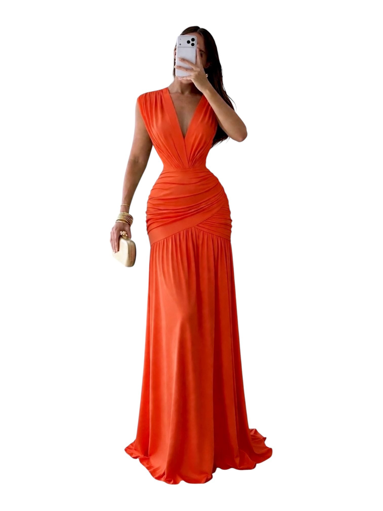 Vestido Naranja Con Escote Profundo Y Drapado En Cintura - Image 3