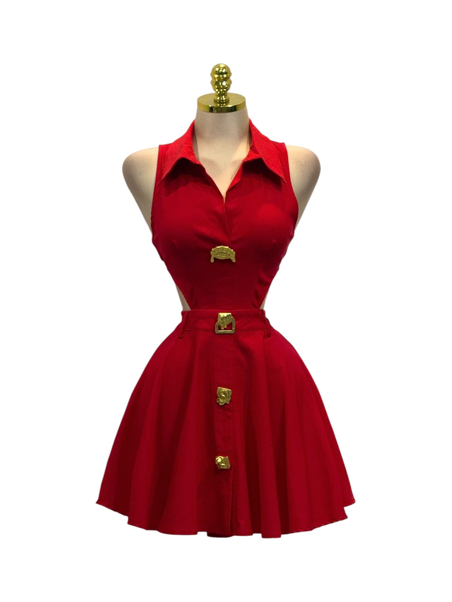 Vestido Corto Rojo Con Botones Dorados Y Falda Acampanada - Image 2