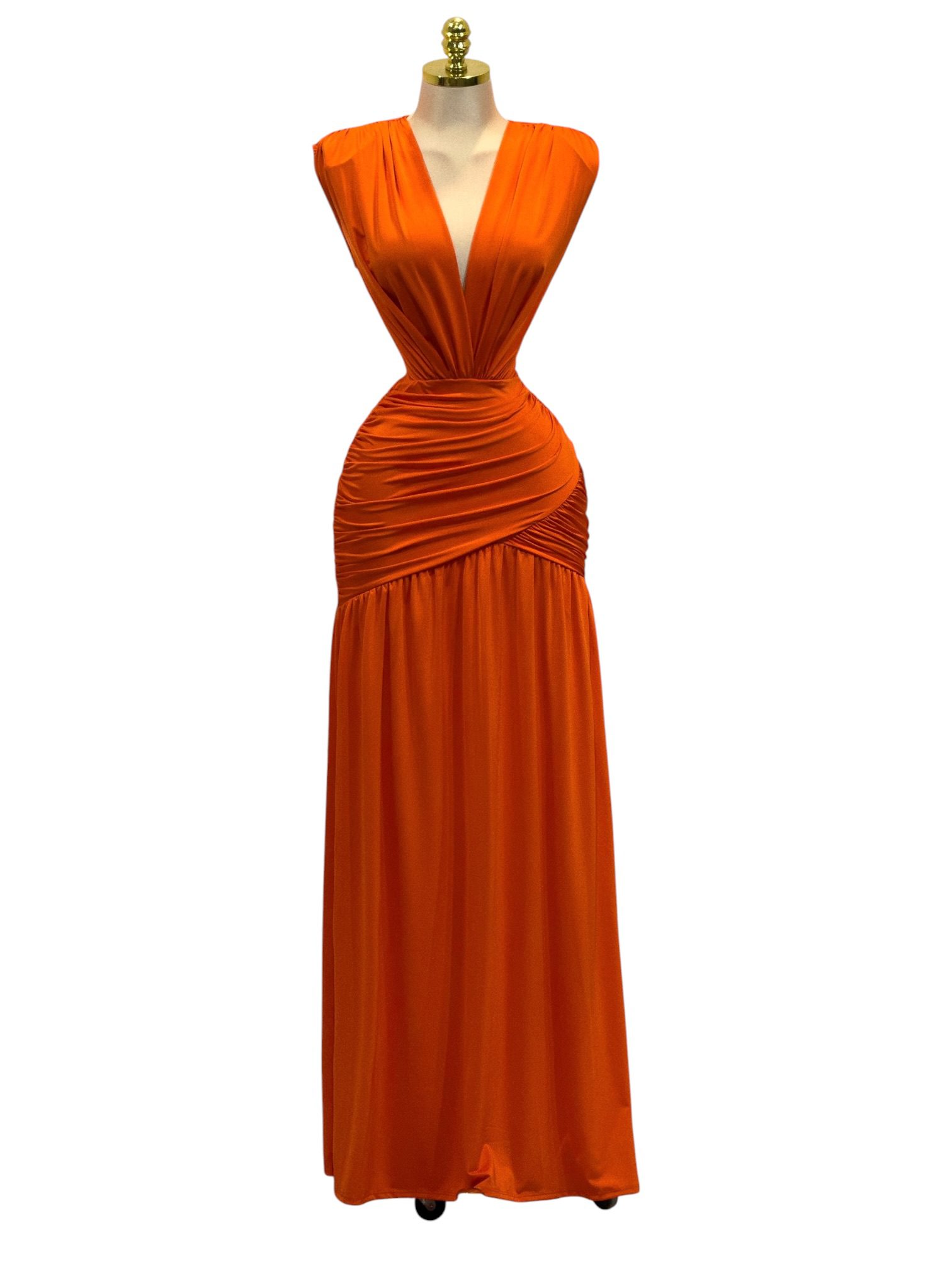 Vestido Naranja Con Escote Profundo Y Drapado En Cintura - Image 2