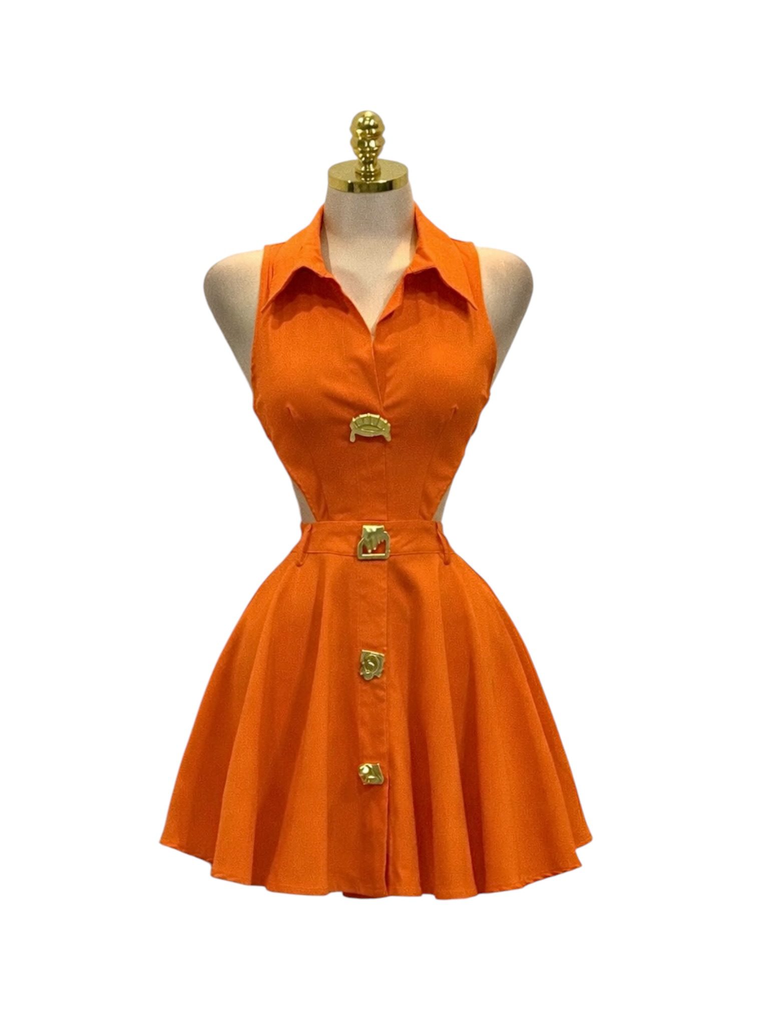 Vestido Corto Naranja Con Botones Dorados Y Falda Acampanada - Image 2