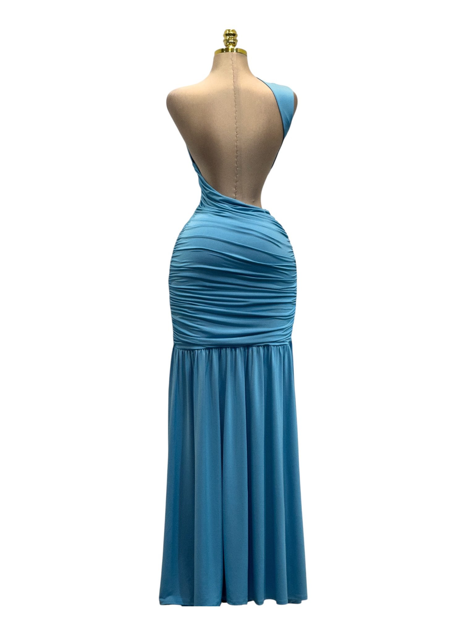 Vestido Azul Asimétrico Con Drapado Y Corte Entallado - Image 3