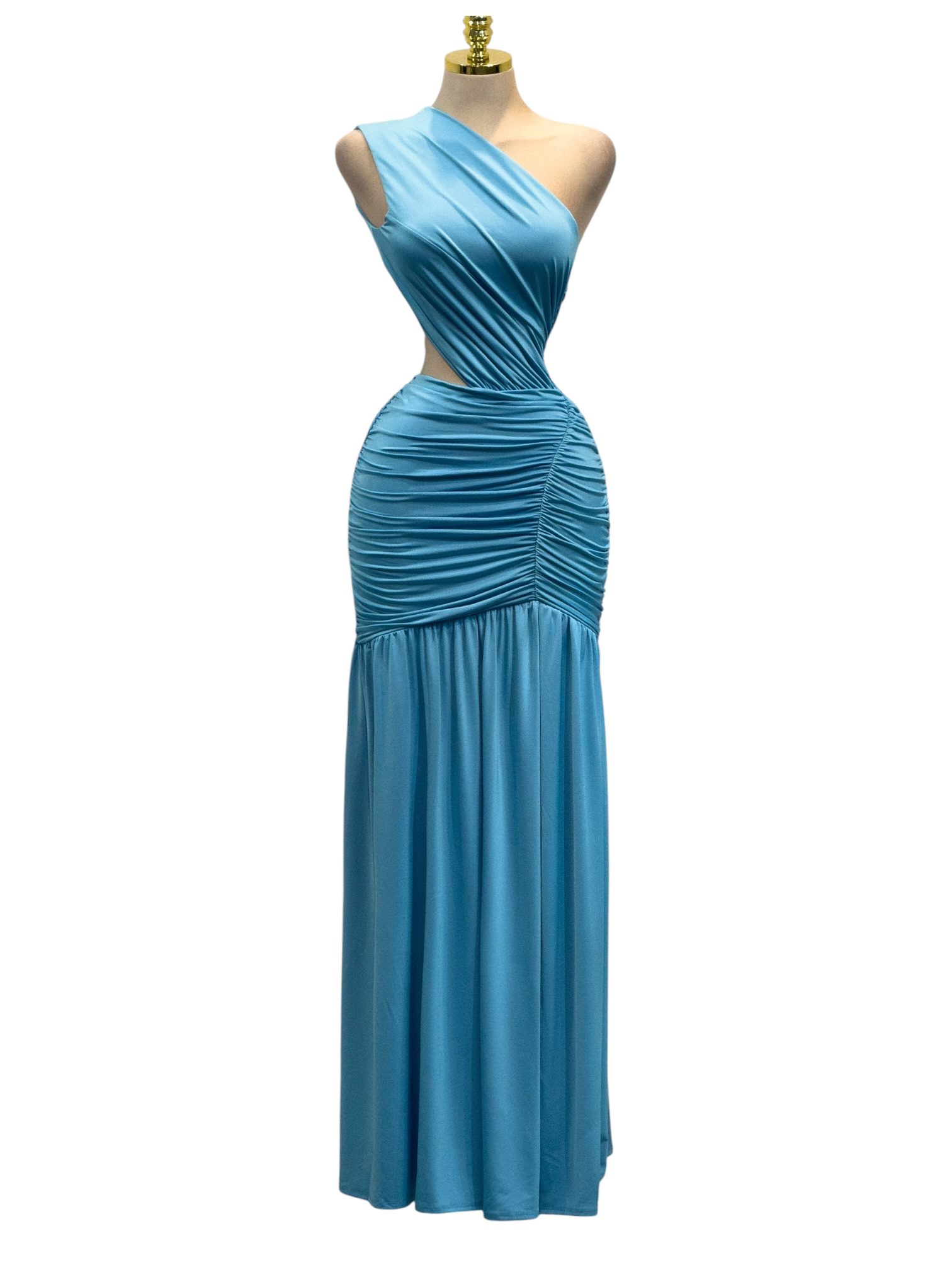 Vestido Azul Asimétrico Con Drapado Y Corte Entallado - Image 2