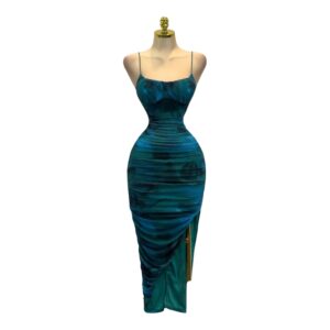 Vestido Midi Verde Esmeralda Ajustado Con Tirantes Y Drapado Lateral