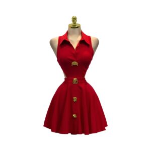Vestido Corto Rojo Con Botones Dorados Y Falda Acampanada