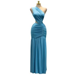 Vestido Azul Asimétrico Con Drapado Y Corte Entallado