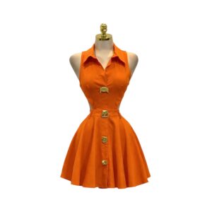 Vestido Corto Naranja Con Botones Dorados Y Falda Acampanada - L