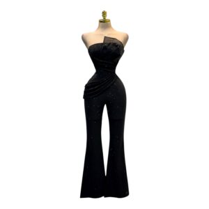 Palazzo Negro Strapless Con Brillos Y Corte Acampanado Elegante