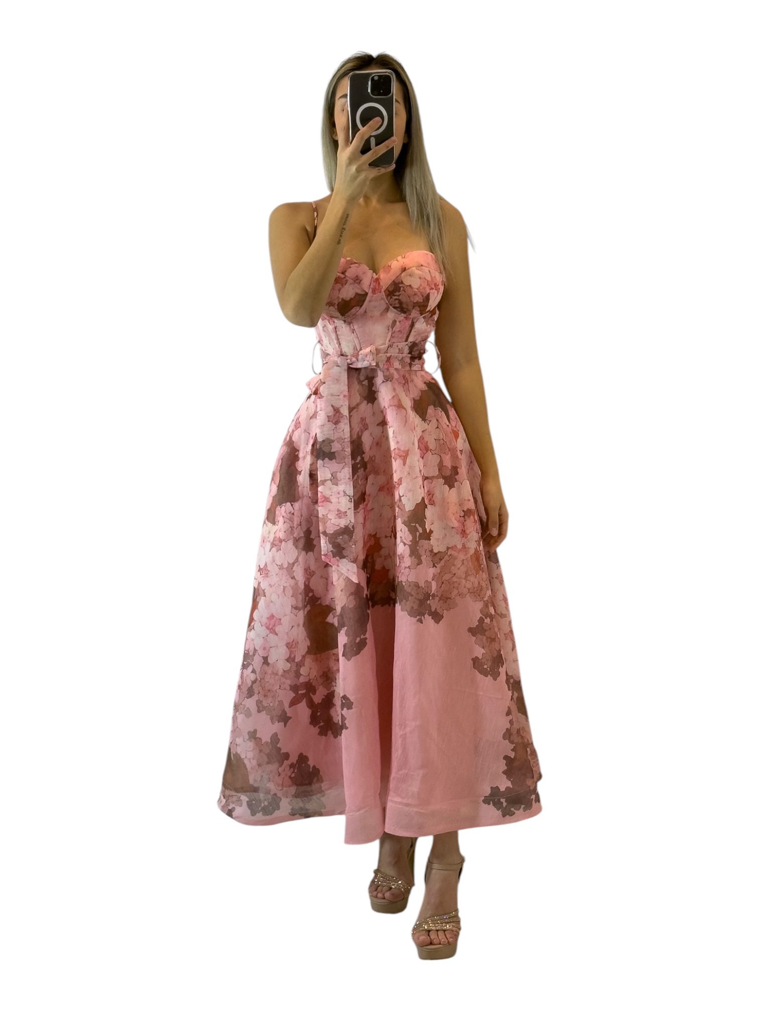 Vestido Midi Rosa Floral Con Tirantes Y Falda Amplia Elegante - Image 3