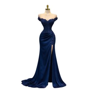 Vestido Azul Marino Con Corset Bordado Y Abertura Lateral Elegante