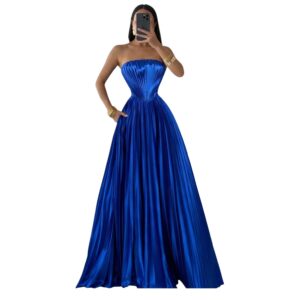 Vestido Azul Rey Strapless Plisado Con Falda Amplia Satinada