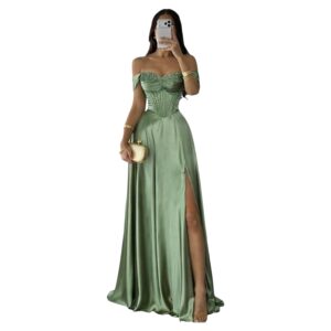 Vestido Verde Con Corset Bordado Y Abertura Lateral Sofisticada