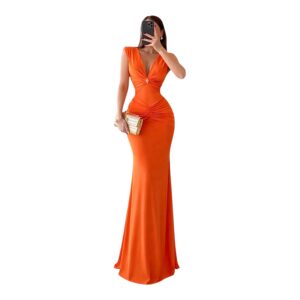 Vestido Naranja Con Escote Pronunciado Y Corte Sirena Ajustado
