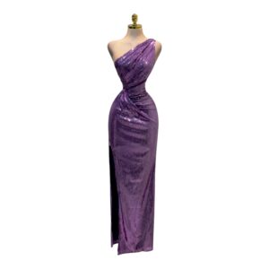Vestido Morado De Un Hombro Con Lentejuela Y Abertura Lateral Elegante