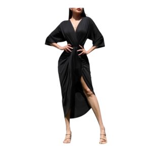 Vestido Midi Negro Cruzado Con Manga Amplia Y Abertura Elegante